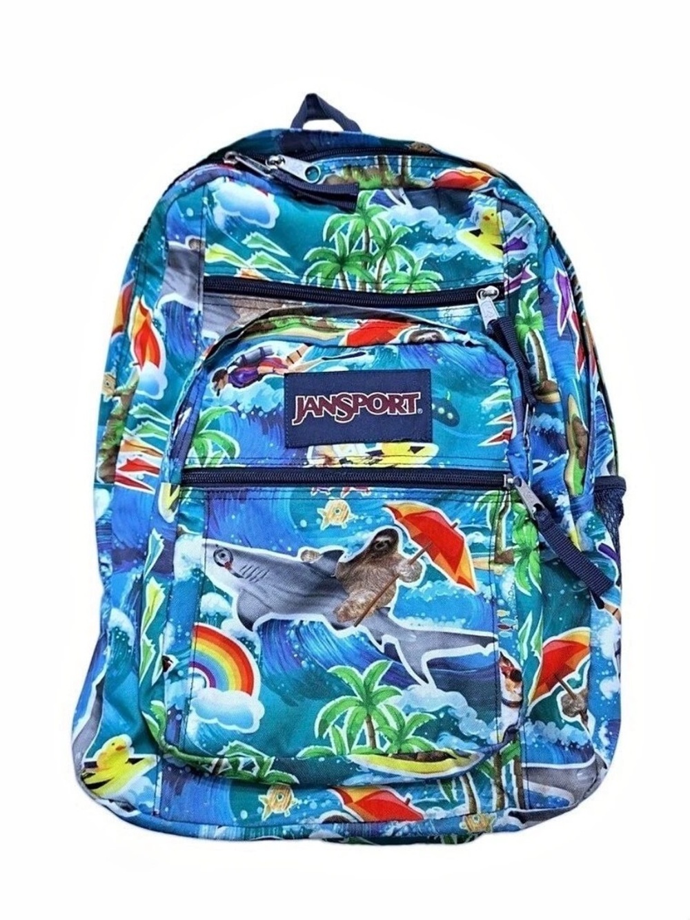 JanSport Big Student Backpack Sloth Shark Ocean Print Blue & Multicolor